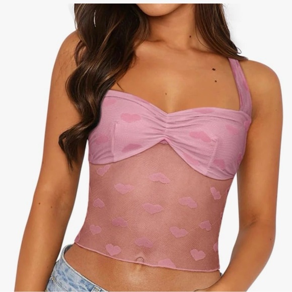ReoRia Tops - ReoRia Pink Heart Mesh Crop Top